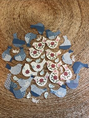 Handmade Fabric Bird Appliqués - Blue and Cream Floral Set